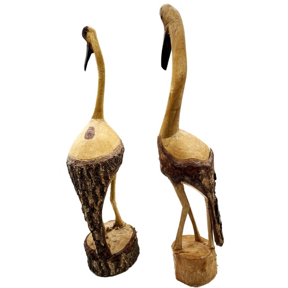 Pair of Hand Carved Cranes 15“ Tall Carved Single Pine Limb Or Tree Sculpture - Picture 7 of 8